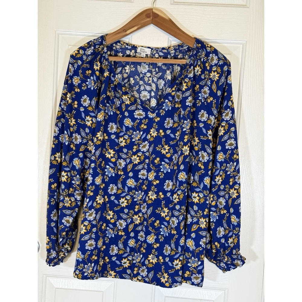 Kim Rogers 3X Blue Lagenlook Cottagecore Boho Floral Blouse Spring Summer